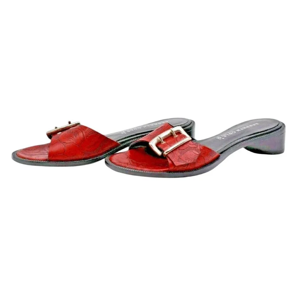 Vintage‎ Kenneth Cole “Flower Child” Red Tooled Leather Slide Sandals sz 6 M